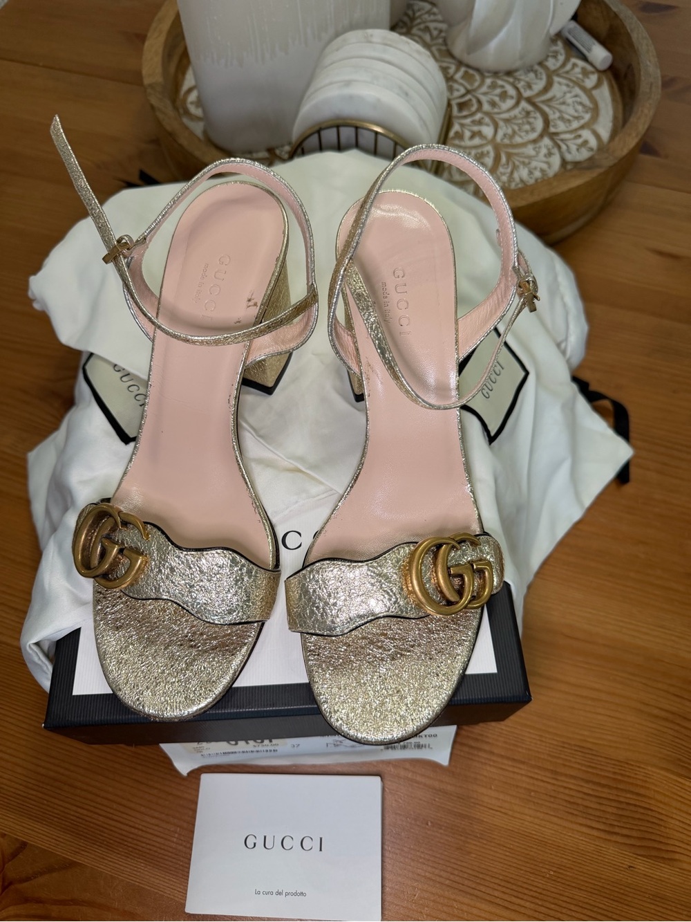 Gucci Gold Metallic Leather GG Logo Ankle-Strap Heels with Pink Insole